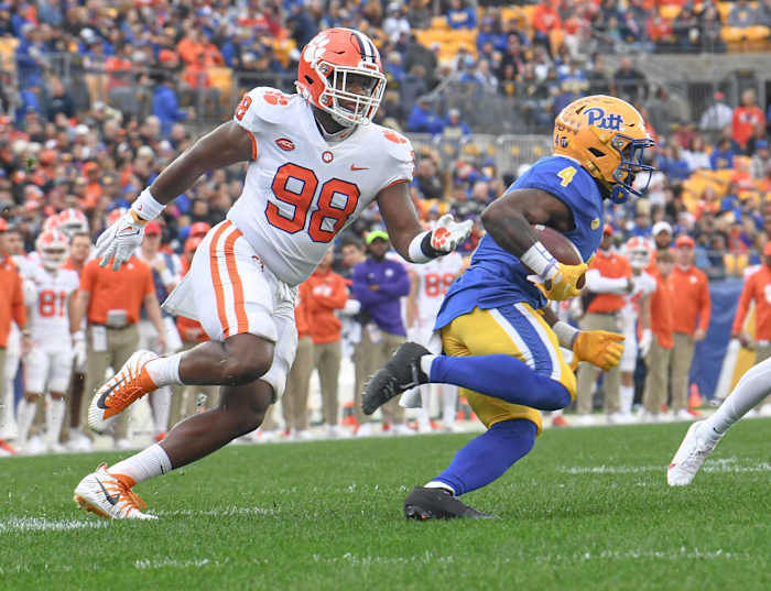 Clemson defensive end Myles Murphy makes a tackle against Pitt